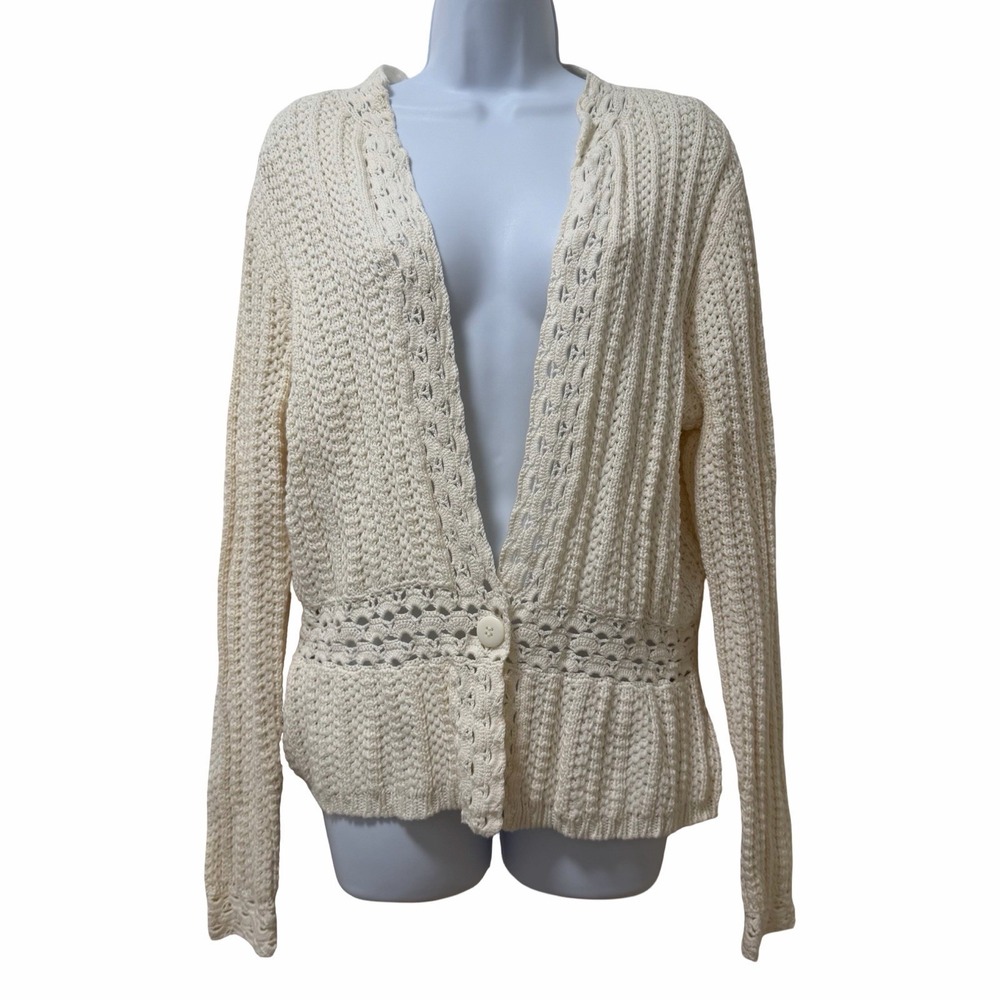 Worthington Womens Crochet Chunky Knit V Neck Cardigan Size XL Cream Grandmacore